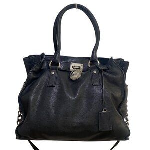Michael Kors Black Leather Hamilton Satchel Shoulder Bag with Silver-lock